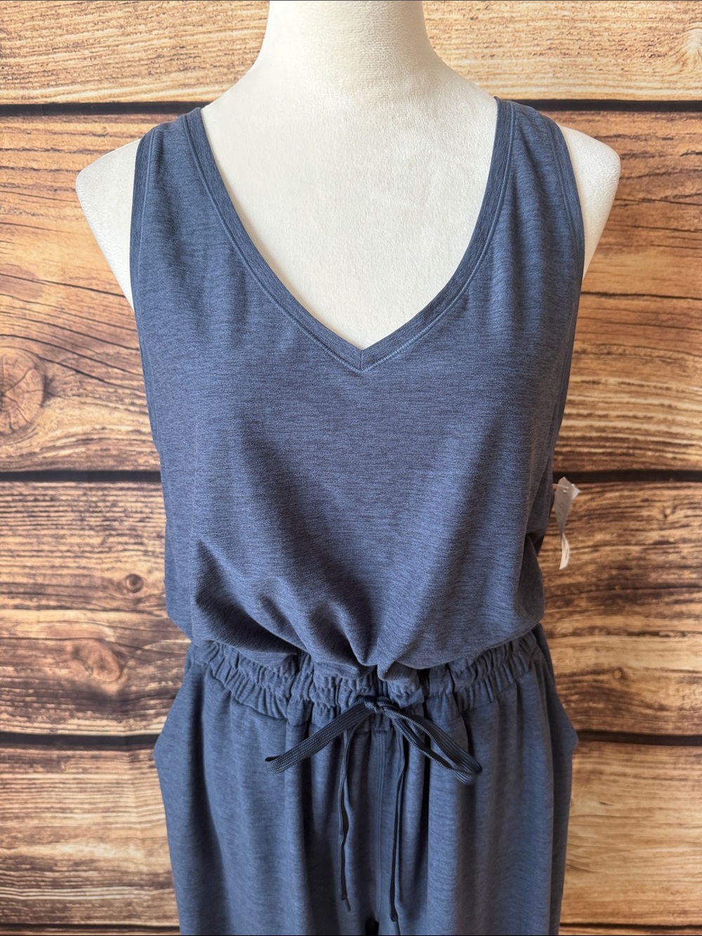 Sleeveless V-Neck Drawstring Jumpsuit in Heather Blue - Picture 3 of 8